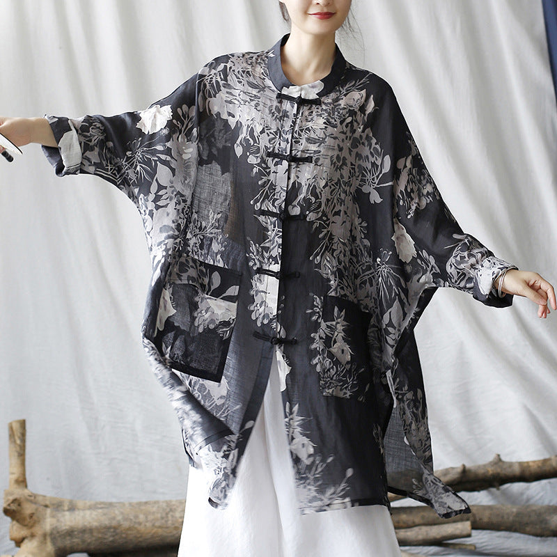 Vintage Chinese linen printed shirt, loose casual linen long shirt