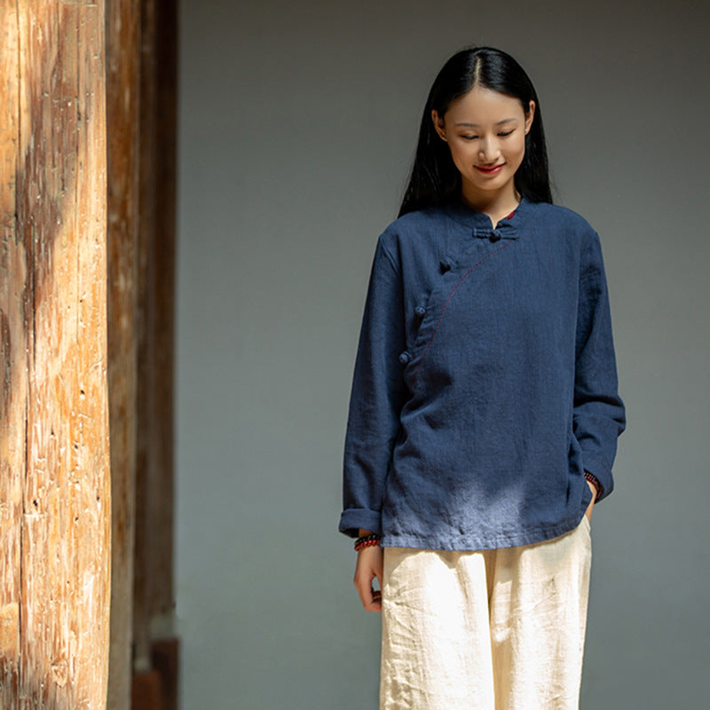 Loose Casual Linen Shirt, Vintage Chinese Standing Collar Frog Button Cotton Linen Shirt