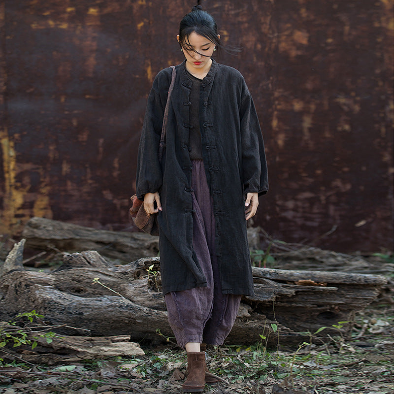 Women's Loose Cotton Linen Long Shirt, Vintage Casual Cotton Linen Washed Jacket Plus Size