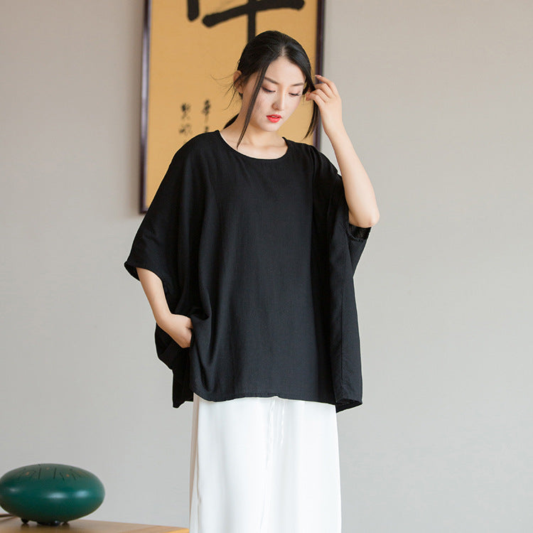 Loose Cotton Linen Boat Neck Shirt, Vintage Casual T-Shirt