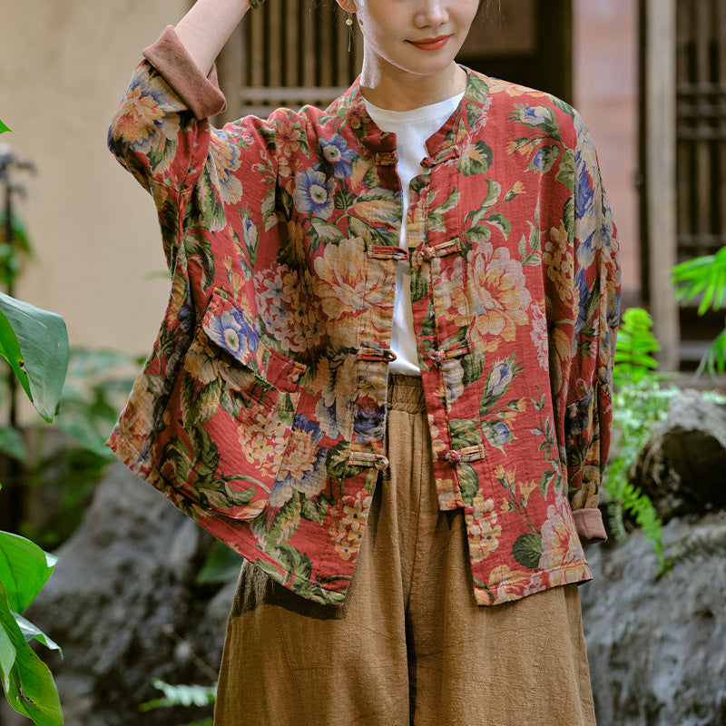 Loose Casual Linen Printed Flower Shirt, Vintage Chinese Standing Collar Frog Button Cotton Shirt