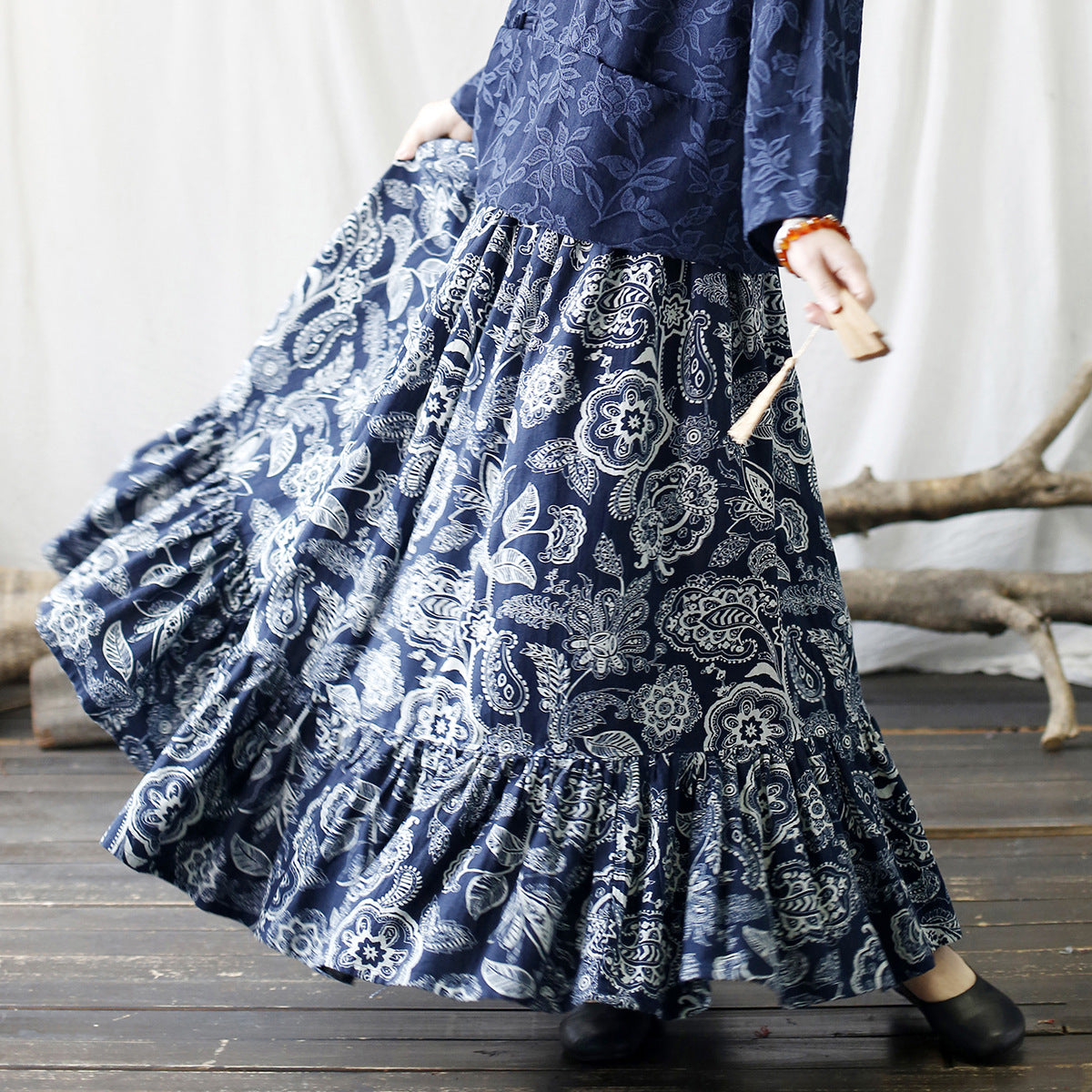 Cotton Summer Skirt, Vintage Printed Blue Skirt, Summer Elastic Waist Skirt