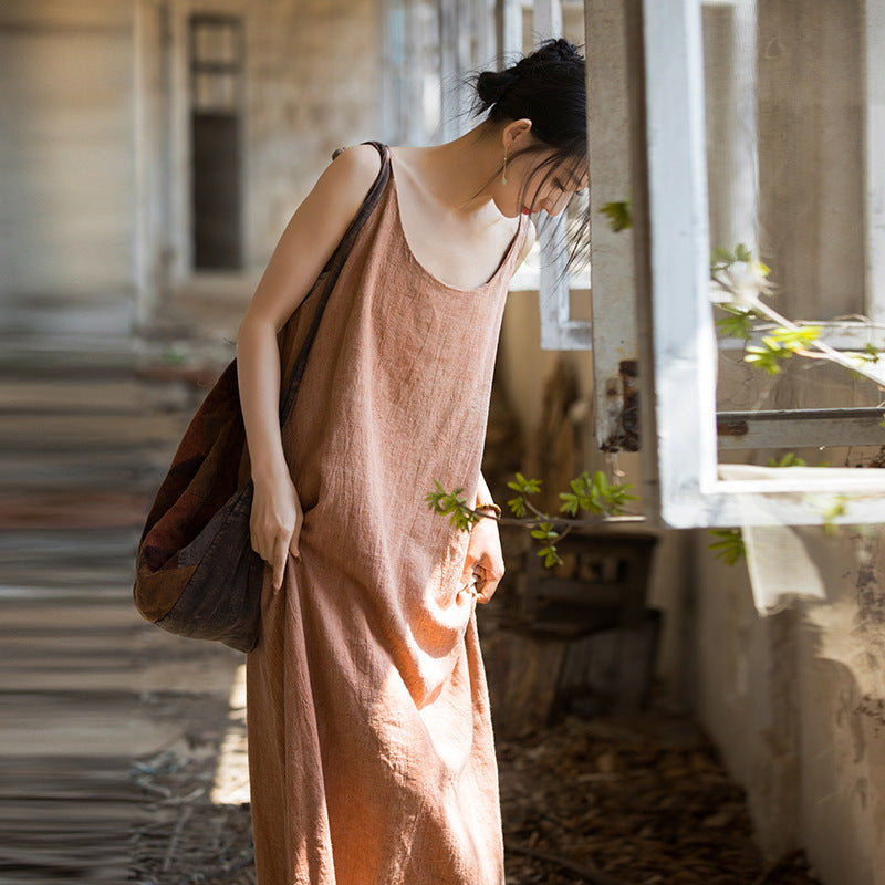 Summer Tie-Dye Sleeveless Dress, Vintage Stonewashed Cotton  Linen Pleated Boat Neck Dresses