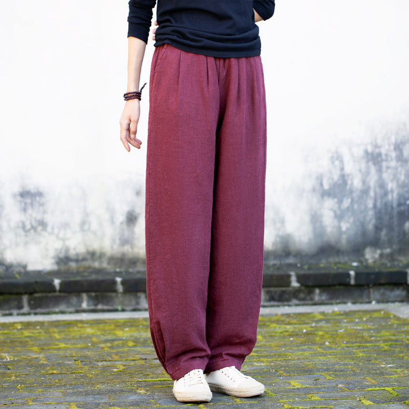 Winter linen wide leg pants, loose casual elastic waist linen pants