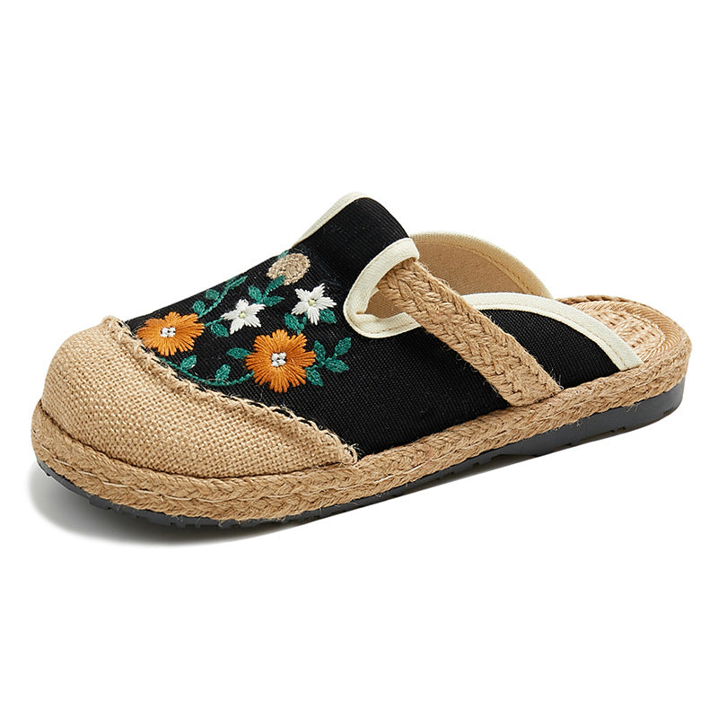 Summer Flower Embroidery Slippers,Vintage Handmade Cotton Linen Shoes,Bohemian Slippers