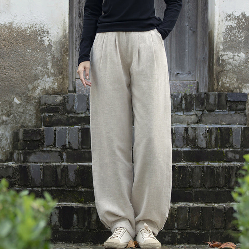 Winter linen wide leg pants, loose casual elastic waist linen pants