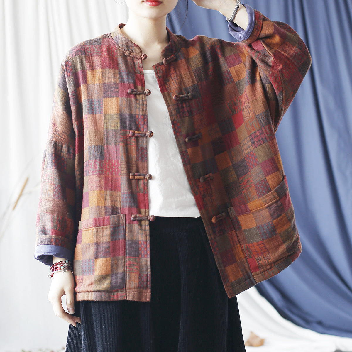 Vintage Standing Collar Printed Cotton Jacket, Chinese Loose Casual Jacket