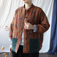 Vintage Printed Jacket, Chinese Standing Collar Cotton and Linen Jacket