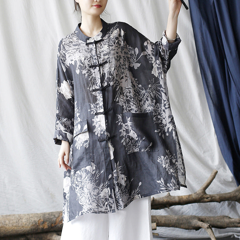 Vintage Chinese linen printed shirt, loose casual linen long shirt