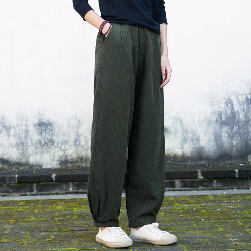 Winter linen wide leg pants, loose casual elastic waist linen pants