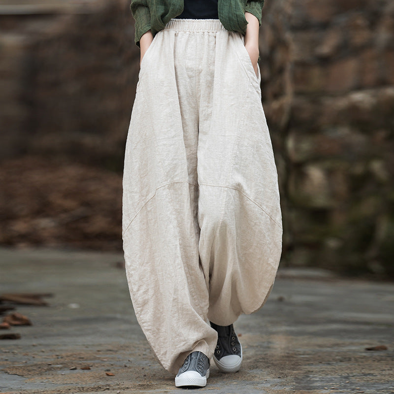 Women loose stone washed linen harem pants, summer cotton linen tapered pants, vintage elastic waist cotton linen wide leg pants