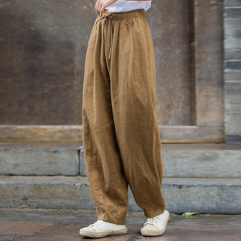 Vintage Beige Elastic Waist Summer Linen Pants