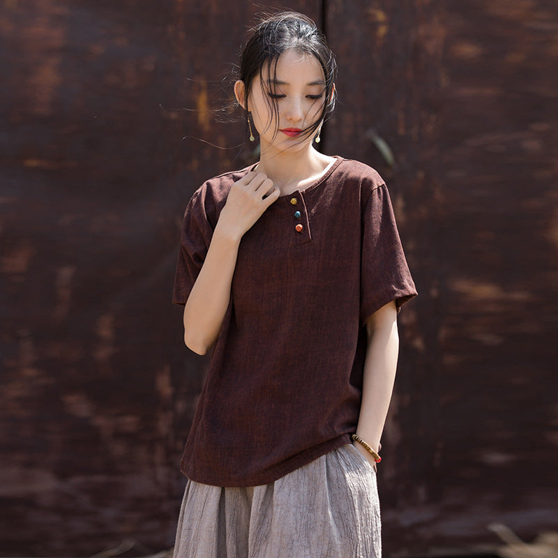 Summer Cotton Linen Short Sleeve Body T-Shirt, Vintage Boat Neck Cotton Short Sleeve T-Shirt