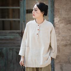 Boat neck cotton linen shirt, Chinese long sleeve cotton linen shirt