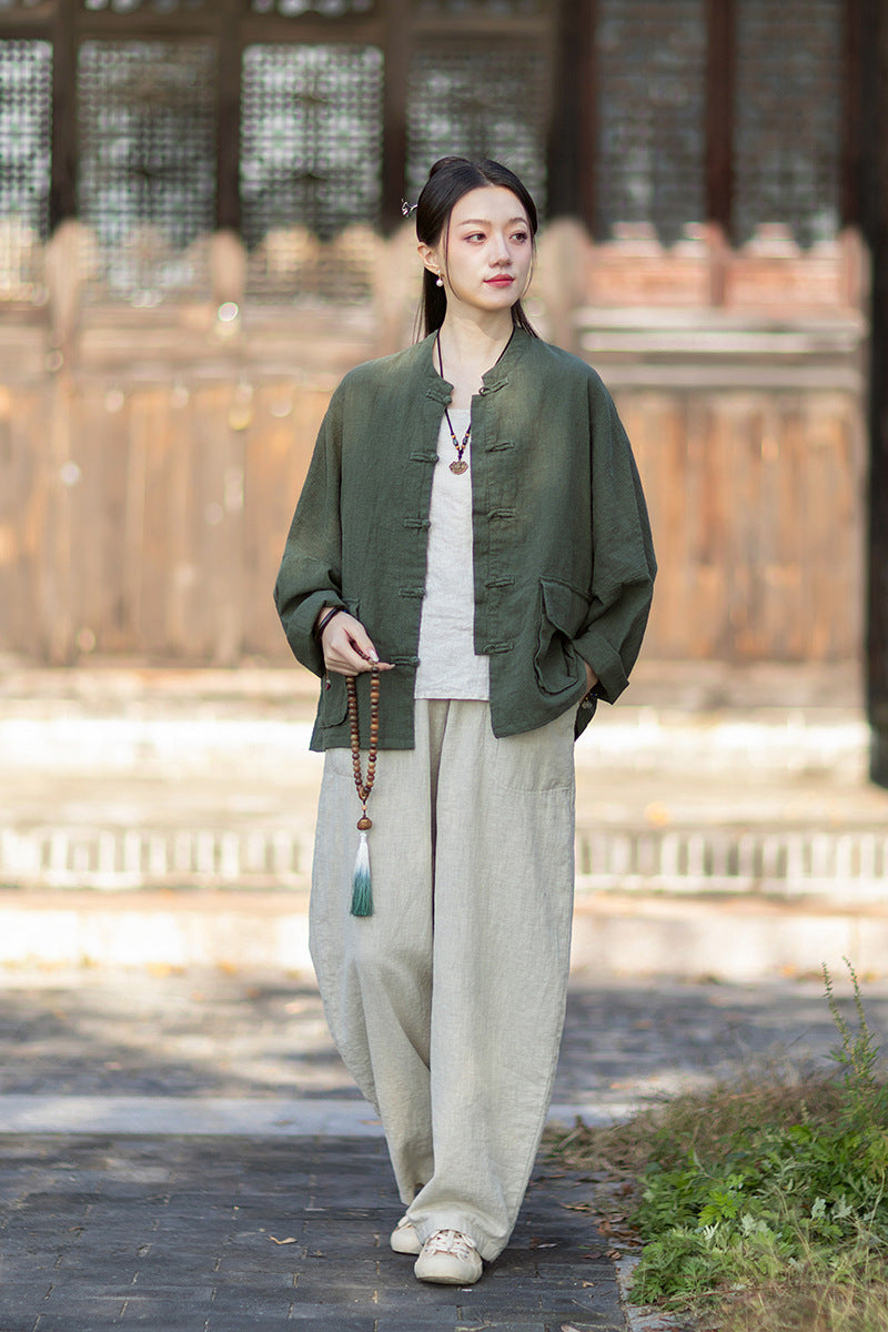 2026 Spring New Arrival: Original Vintage-Inspired Linen-Cotton Women's Cardigan, Loose-Fit Jacket with Stand-Up Collar and Button Closure