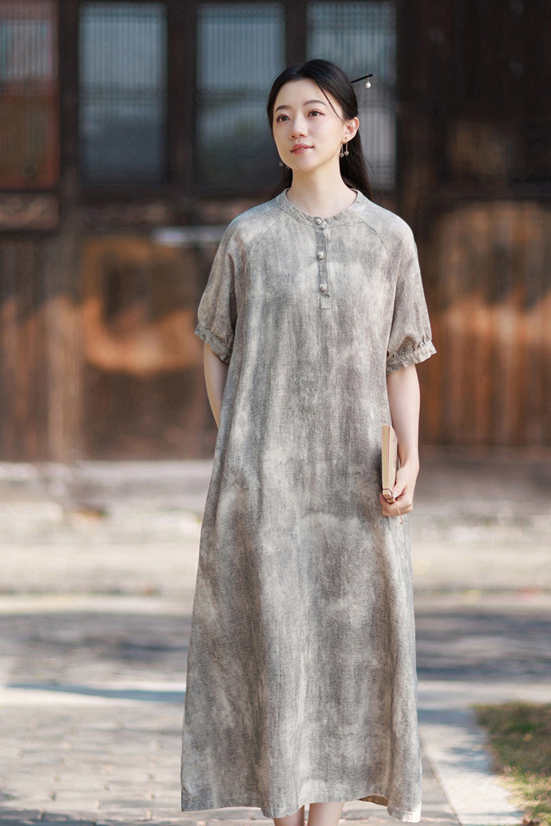 2026 Summer Ramie New Chinese-Style Modified Maxi Dress, French-Style Puffed-Sleeve Maxi Dress
