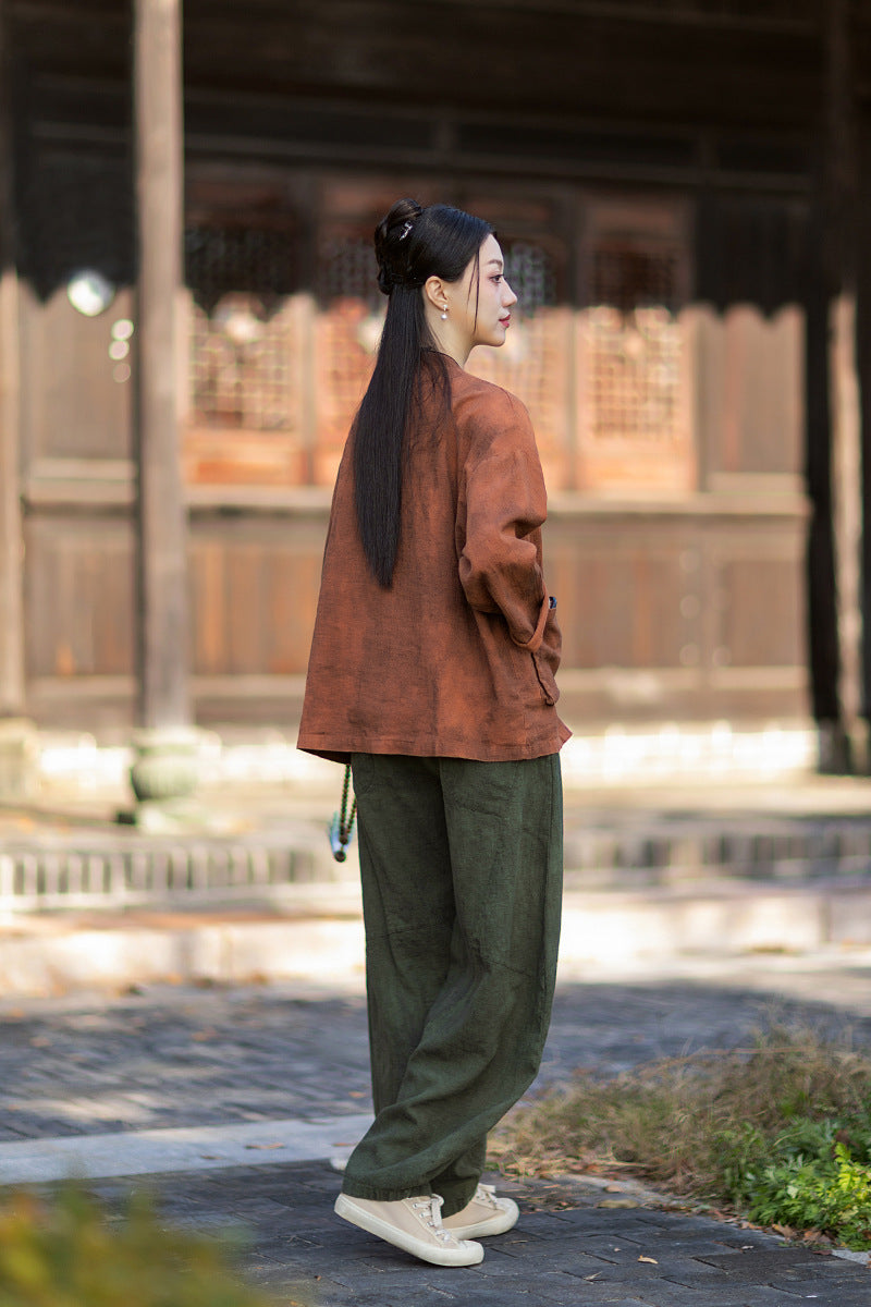 2026 Spring New Arrival: Vintage-inspired, distressed, sand-washed asymmetrical top; niche-style patchwork V-neck cotton-linen button-down cardigan