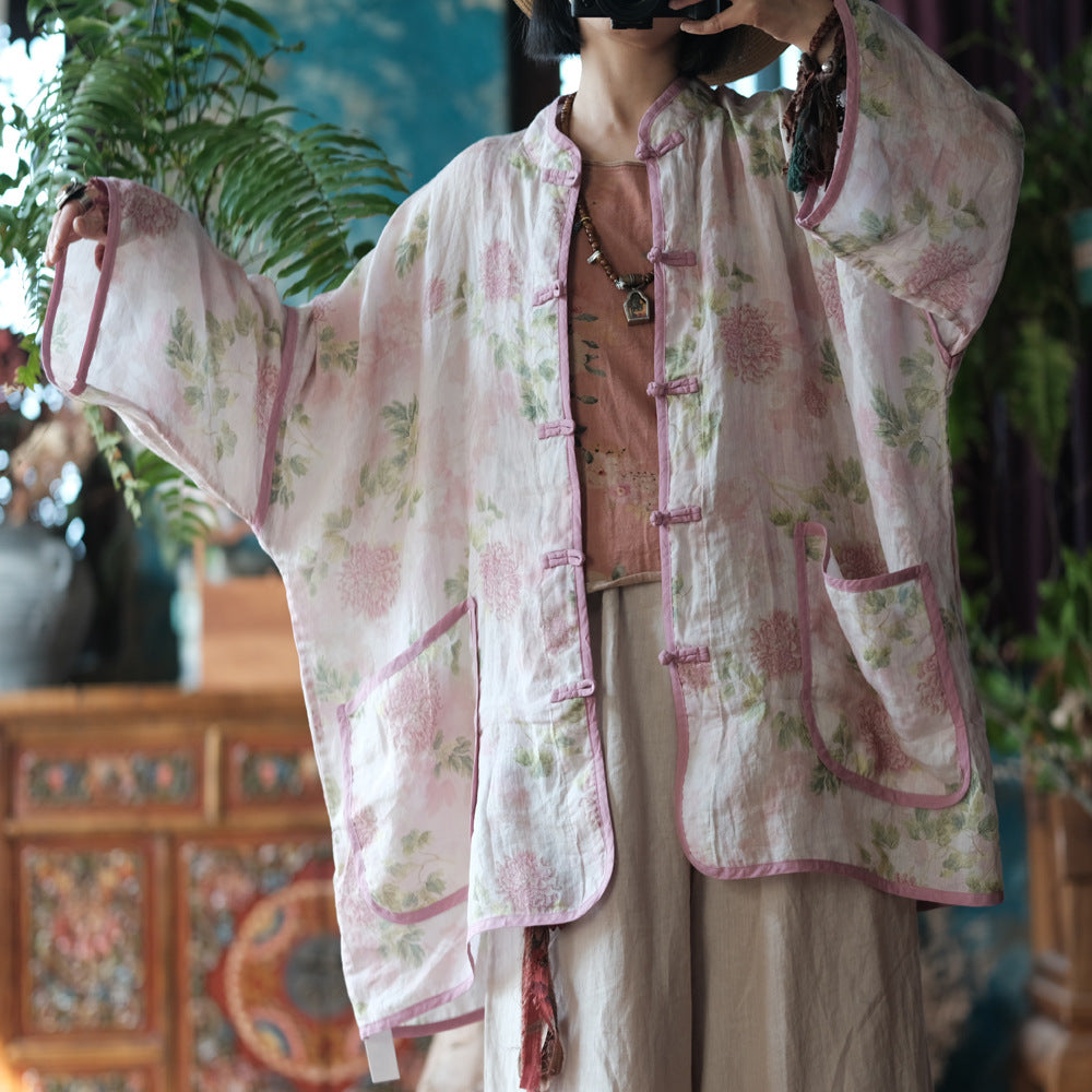 Printed Ramie Shirt, Summer Ramie Shirt, Vintage Chinese Loose Casual Shirt