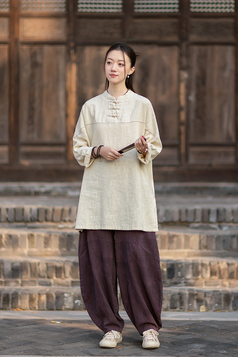 2026 Spring Retro Mandarin Collar Button-Down Cotton-Linen Blouse for Women: Chinese-Style Zen-Inspired Tea Ceremony Pullover, Ramie Stand-Up Collar Long-Sleeve Shirt