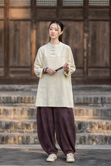 2026 Spring Retro Mandarin Collar Button-Down Cotton-Linen Blouse for Women: Chinese-Style Zen-Inspired Tea Ceremony Pullover, Ramie Stand-Up Collar Long-Sleeve Shirt