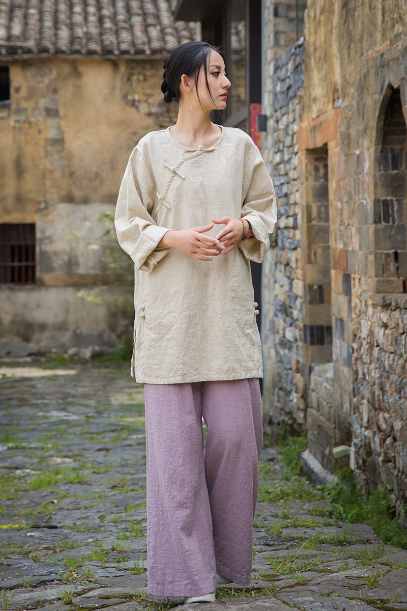 Vintage Summer Chinese Boat Collar Long Sleeve Shirt, Cotton  Linen Washed Frog Long T-Shirt 20250604