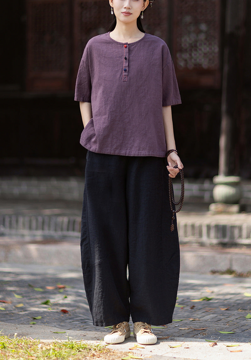New Summer Arrival: Women's Artistic-Style Lightweight Linen Casual Pants with Elastic Waistband, Sandwashed, Distressed, Patchwork, and Cropped Bell-Bottom Design 20260511