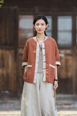 New New Chinese-Style Design: Comfortable, Lightweight Linen Top with Color-Blocked Patchwork and Button-Front Cardigan 20260511