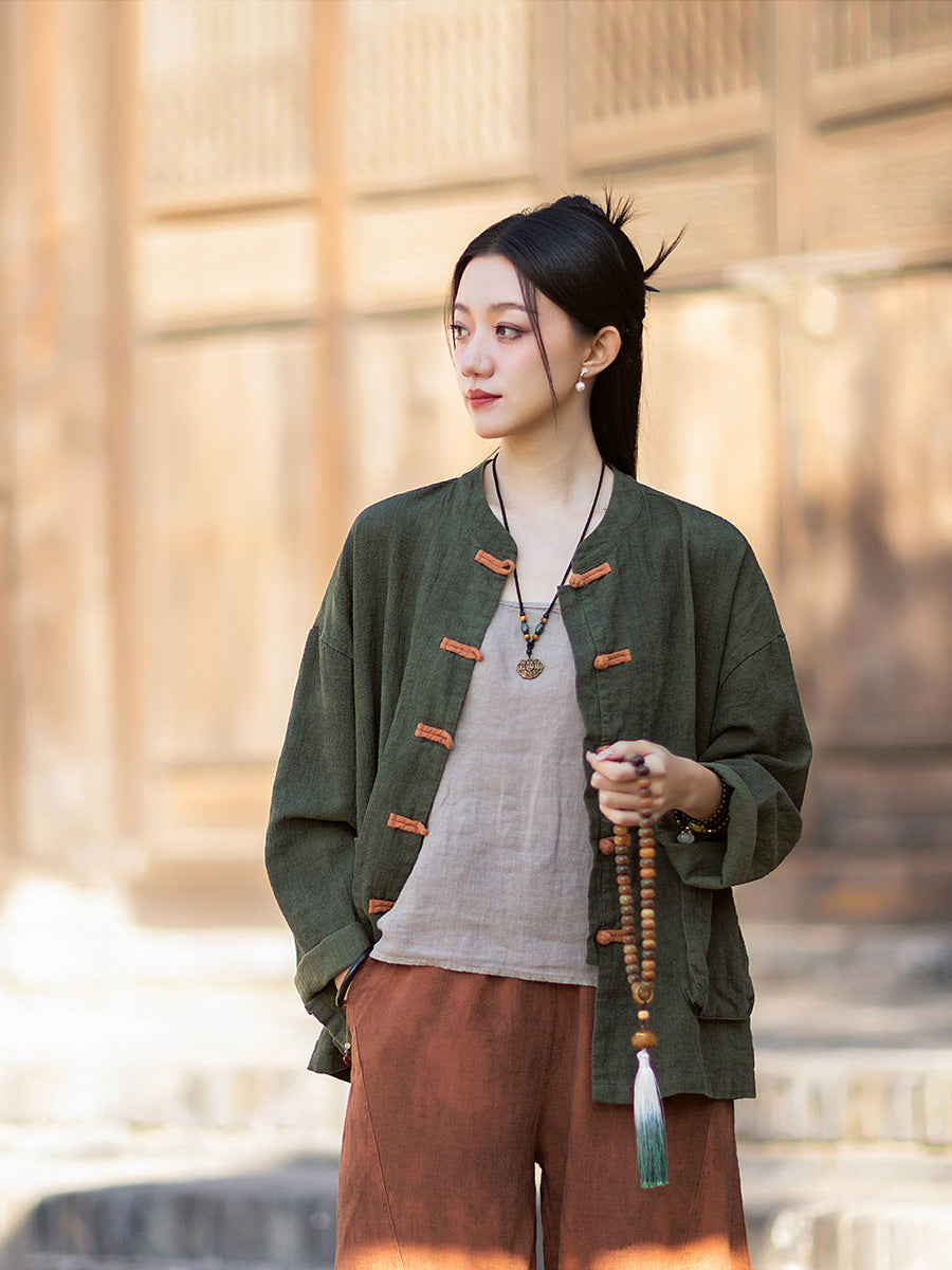 2026 Spring New Arrival: Vintage-inspired, distressed, sand-washed asymmetrical top; niche-style patchwork V-neck cotton-linen button-down cardigan