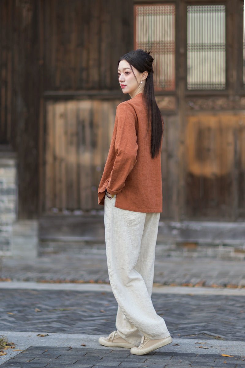 2026 Spring New Arrival: Original Cotton-Linen Women's Chinese-Style Stand-Collar Top, Tea Ceremony-Style Women's Diagonal-Placket Color-Blocked Button-Down Shirt