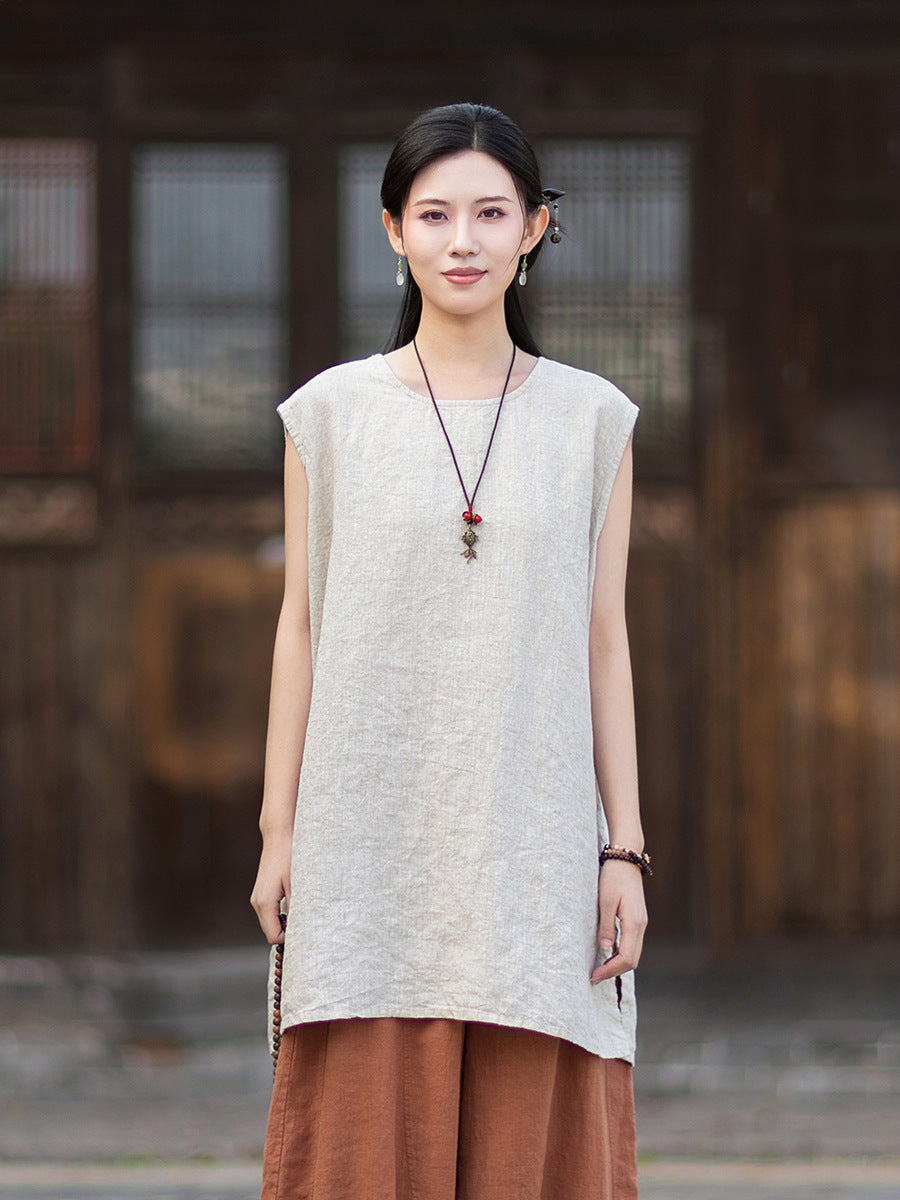 New Vintage-Style Ombré Distressed Versatile Lightweight Sleeveless Dress for Women: Round-Neck Linen Tank Dress 20260511