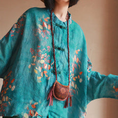 Blue Printed Ramie Shirt, Summer Linen Shirt, Vintage Chinese Frog Button Shirt ,summer shirts for women