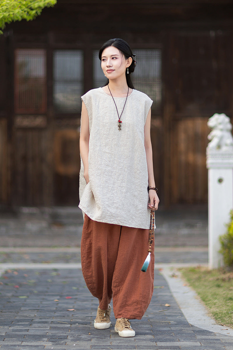 New Vintage-Style Ombré Distressed Versatile Lightweight Sleeveless Dress for Women: Round-Neck Linen Tank Dress 20260511