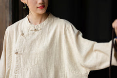 Women's Vintage Chinese Frog Button Long Sleeve Cotton Linen Shirt with Embroidery V-Neck Loose Blouse Shirt 20240920