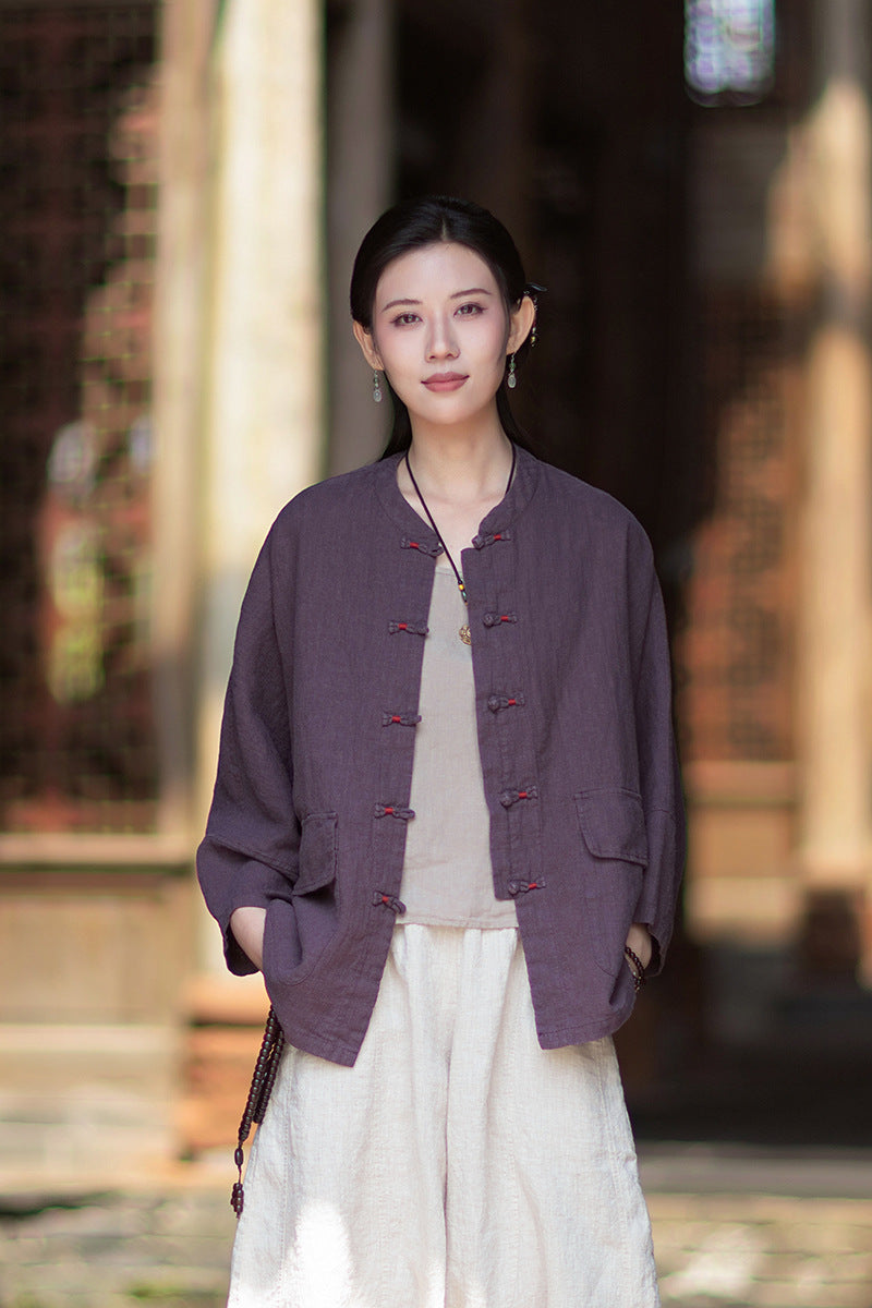 New Chinese-Style Loose-Fit Women's Shirt: Ramie Distressed Mandarin-Collared Modified Tang-Style Cardigan 20260511