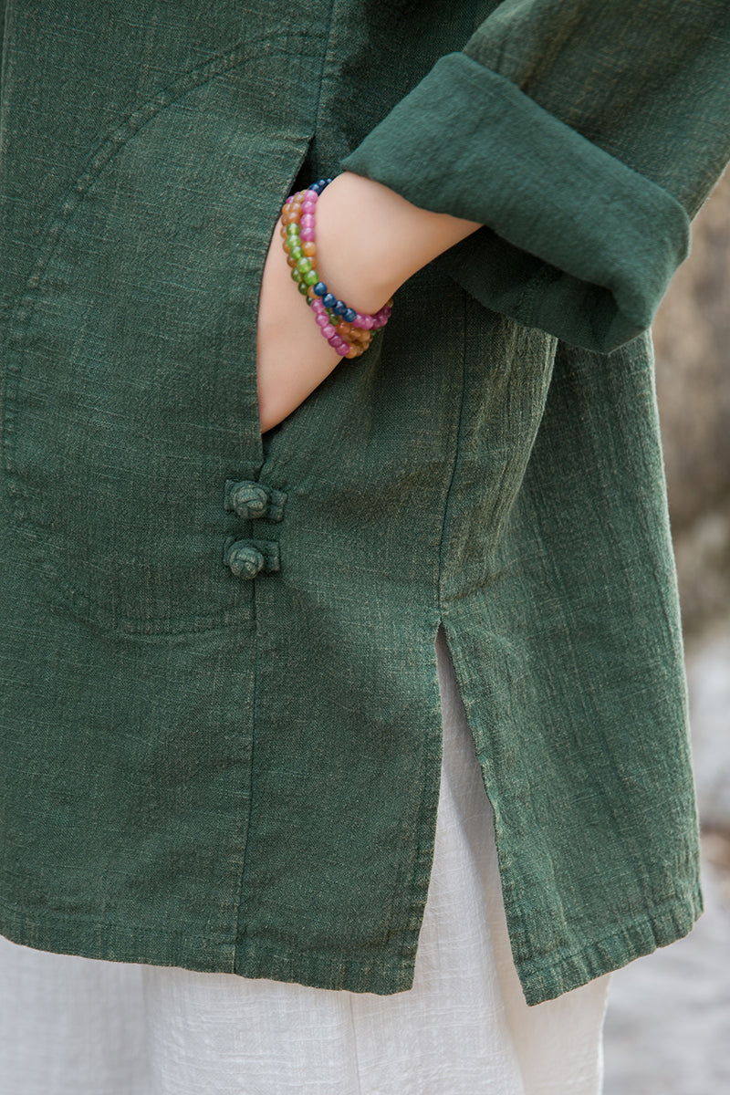 Vintage Summer Chinese Boat Collar Long Sleeve Shirt, Cotton  Linen Washed Frog Long T-Shirt 20250604