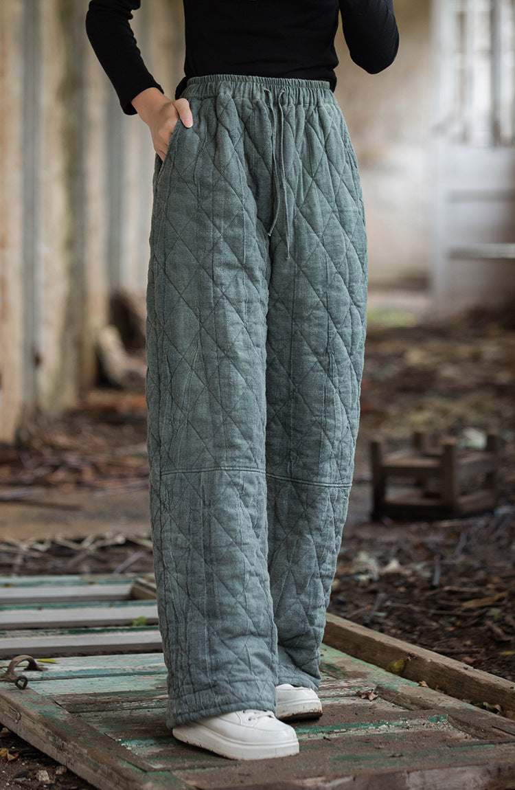 2024 Winter Thickened Fried Color Tie-Dye Quilted Warm Cotton Linen Pants, Retro Loose Cotton Linen Tapered Pants 20241114