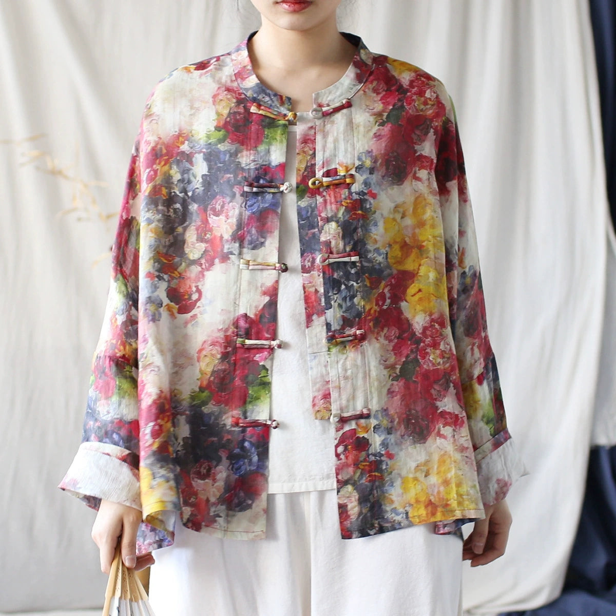 Vintage Chinese Standing Collar Loose Frog Button Shirt,  Printed Cotton  Linen Jacket 20250408