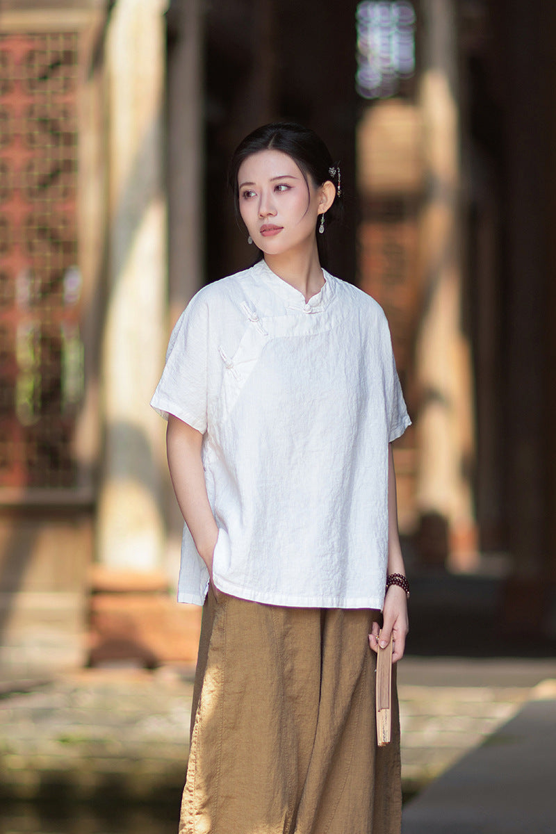 Women's Lightweight Linen Vintage-Style Summer Shirt, New Arrival: Zen-Inspired Stand-Up Collar with Button Closure 20260511