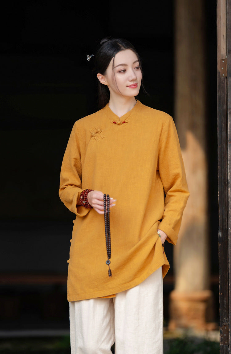 2026 Spring New Arrival: Retro Cotton-Linen Chinese-Style Stand-Collar, Color-Blocked, Button-Fastened, Wrap-Front Blouse for Women – Zen Tea Attire