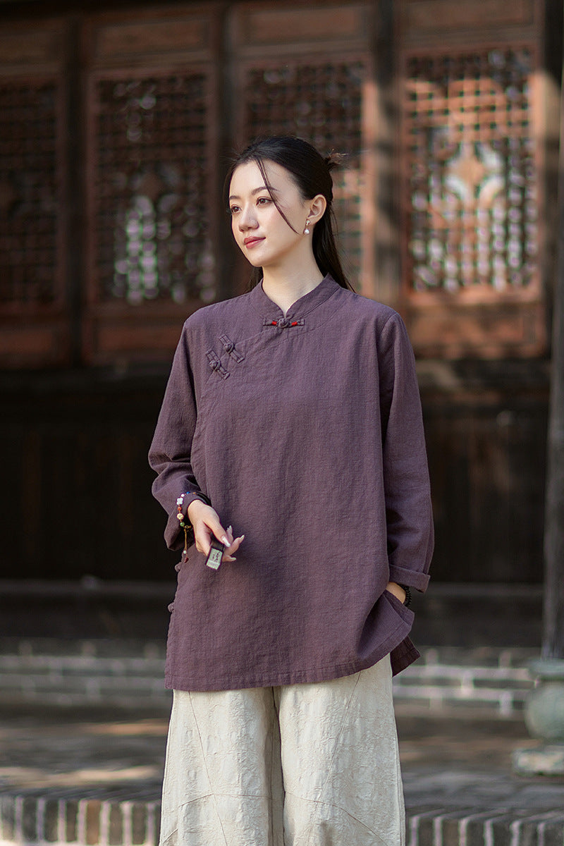 2026 Spring New Arrival: Retro Cotton-Linen Chinese-Style Stand-Collar, Color-Blocked, Button-Fastened, Wrap-Front Blouse for Women – Zen Tea Attire