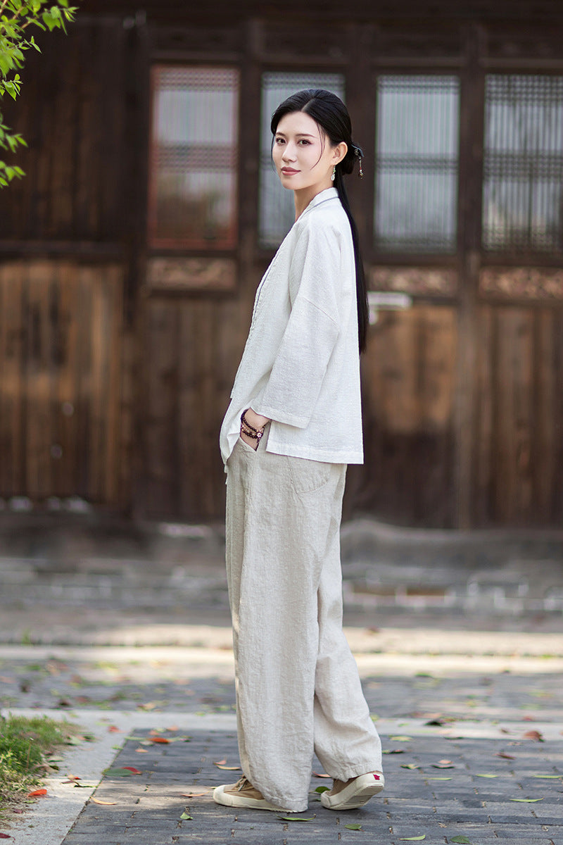 New Cotton-Linen Women's Vintage Zen-Inspired Ramie Tapered-Sleeve Tie-Front Cardigan, Loose-Fit Chinese-Style Jacket 20260511