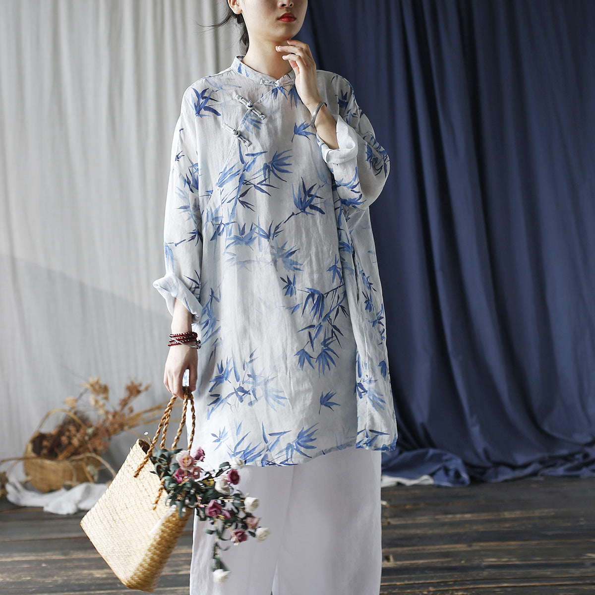 Summer Printed Standing Collar Chinese Frog Button Casual Shirt, Loose Ramie Shirt 20240803