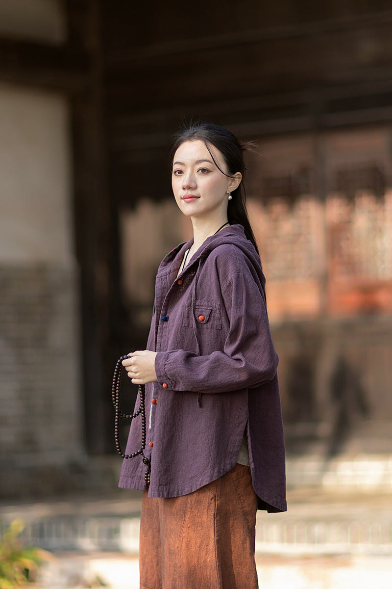 2026 Spring New Arrival: Oversized Casual Hooded Color-Blocked Button-Down Shirt, Women's Sandwashed Cotton-Linen Jacket