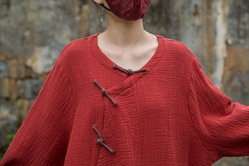 Vintage Summer Chinese Boat Collar Long Sleeve Shirt, Cotton  Linen Washed Frog Long T-Shirt 20250604