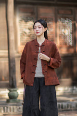 2026 Spring New Arrival: Chinese-Style Retro Double-Breasted Color-Blocked Button-Down Shirt, Women's Modernized Stand-Up Collar Ombre-Dye Tang-Style Cardigan