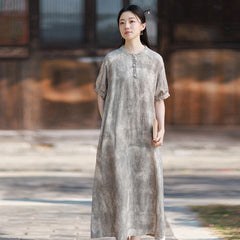 2026 Summer Ramie New Chinese-Style Modified Maxi Dress, French-Style Puffed-Sleeve Maxi Dress
