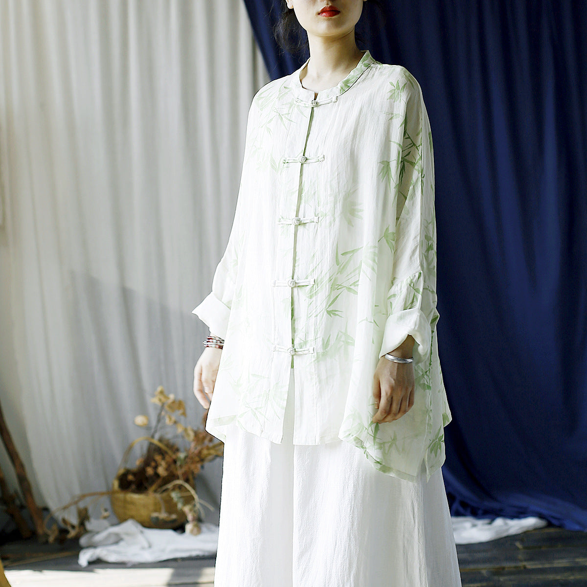 Loose Summer Printed Ramie Shirt, Standing Collar Frog Button Chinese Casual Shirt 20240803