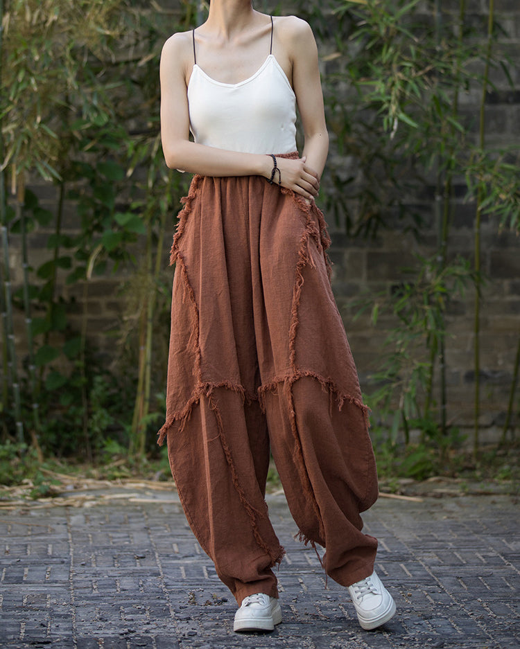 Ramie Stone Washed Mid-Waist Wide Leg Pants, Vintage Elastic Waist Casual Harlem Pants 20240722