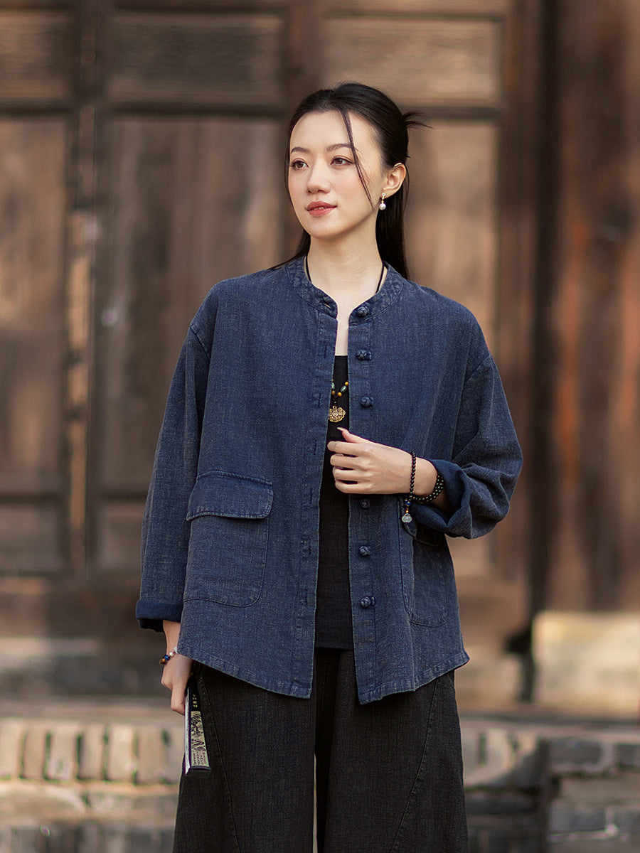 2026 Spring New Arrival: Boho-Retro Stand-Collar Distressed Double-Breasted Button-Down Cotton-Linen Blouse for Women