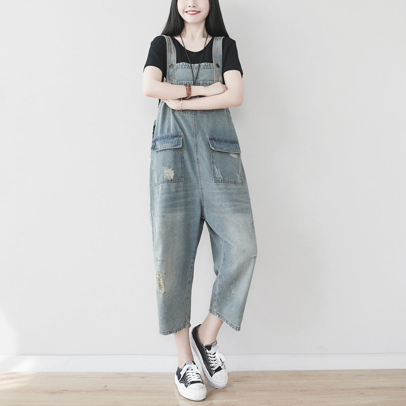 Cotton overalls, women's denim overalls, stonewashed loose overalls